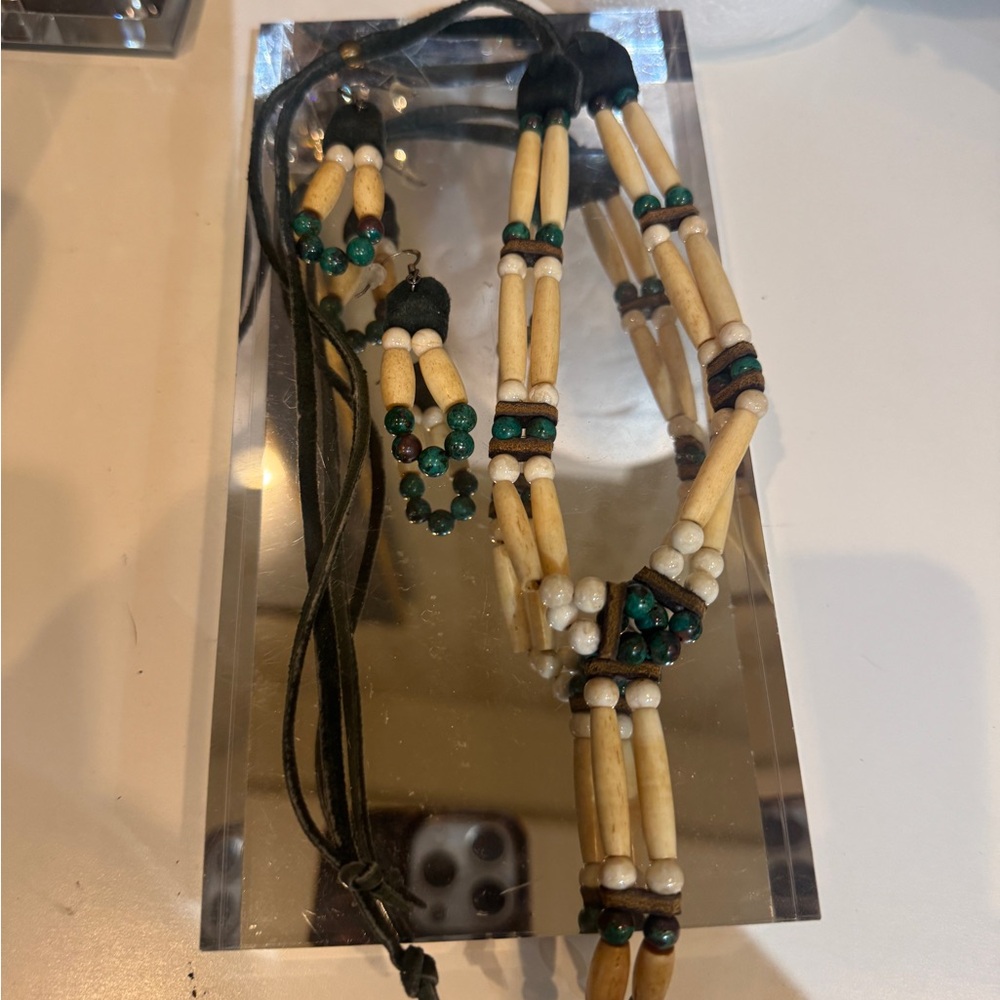 Native American Turquoise Bone Beaded Necklace and Earring Set